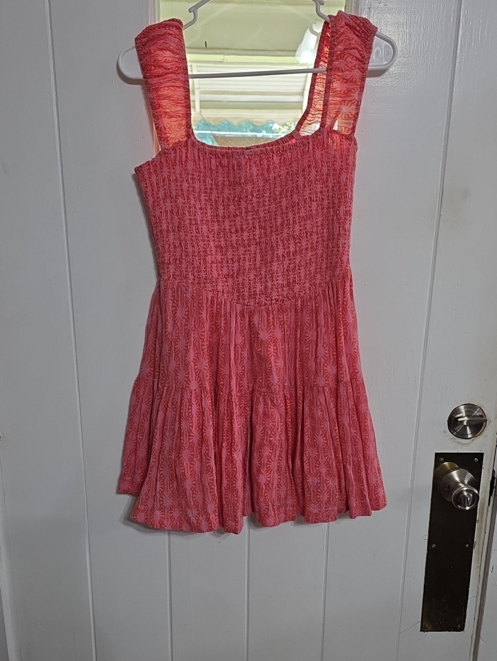 Free‎ People Women's Smocked Sundress Pink/Orange Gauzy Lined  BoHo Sz XS EUC
